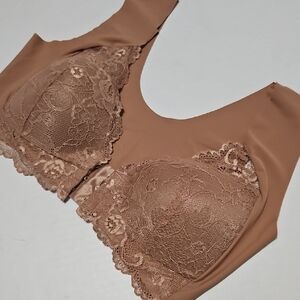 Lace-Trim Wireless Comfort Bra - Brown Front Closure Size L